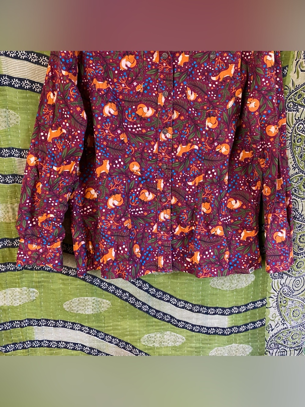 Duluth Trading Co Sangria Fox Free Swinging Flannel Shirt Large Autumn Whimsical - Picture 4 of 14